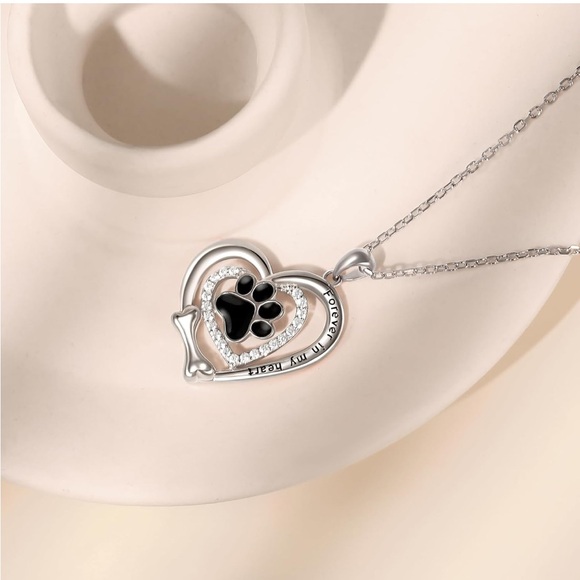 14k Gold Heart Diamond Paw Print Dog Bone Necklace - Picture 7 of 11